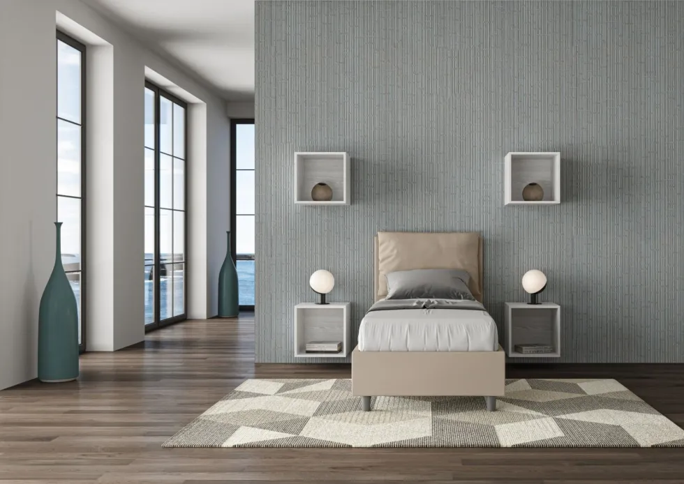 Letto 80x190cm singolo contenitore con giroletto imbottito in similpelle tortora LIT26