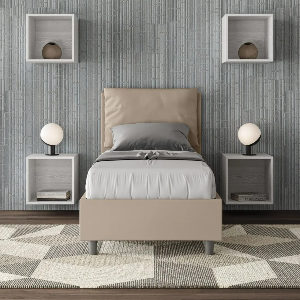 Letto 80x190cm singolo contenitore con giroletto imbottito in similpelle tortora LIT26