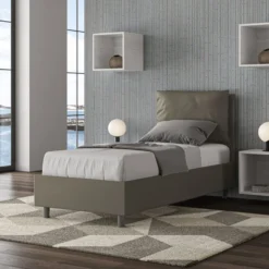 Letto 80x190cm singolo contenitore con giroletto imbottito in similpelle cappuccino LIT26