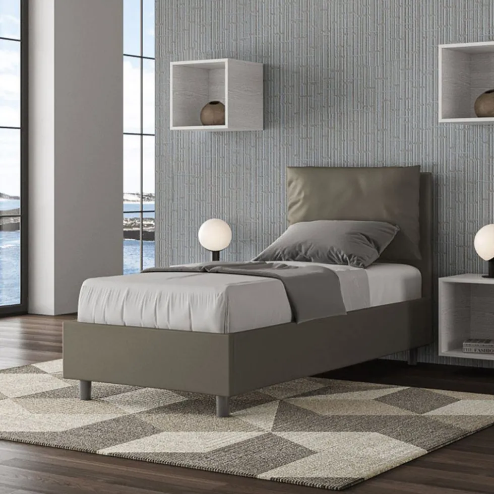 Letto 80x190cm singolo contenitore con giroletto imbottito in similpelle cappuccino LIT26