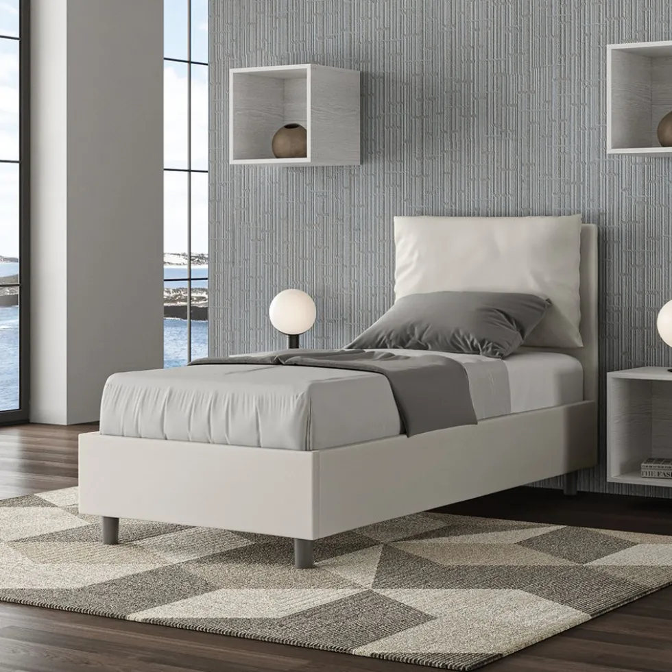 Letto 80x190cm singolo contenitore con giroletto imbottito in similpelle bianco LIT26