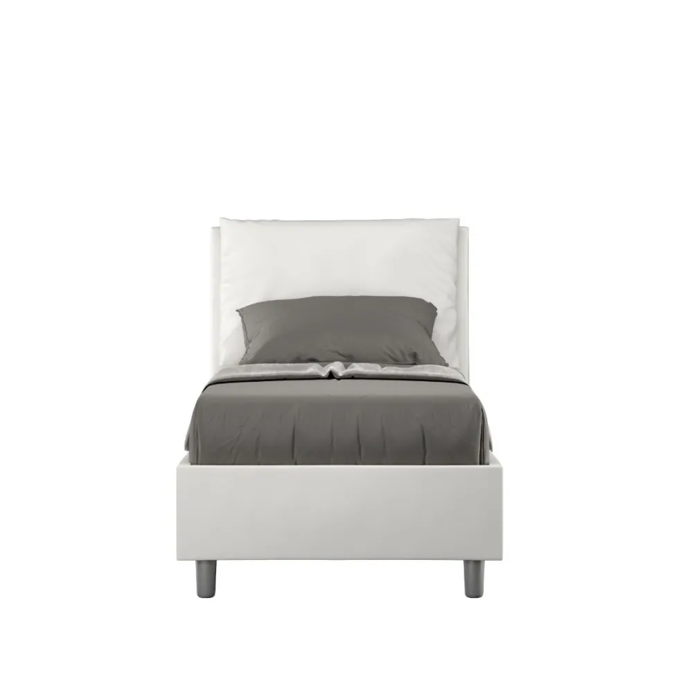 Letto 80x190cm singolo contenitore con giroletto imbottito in similpelle bianco LIT26
