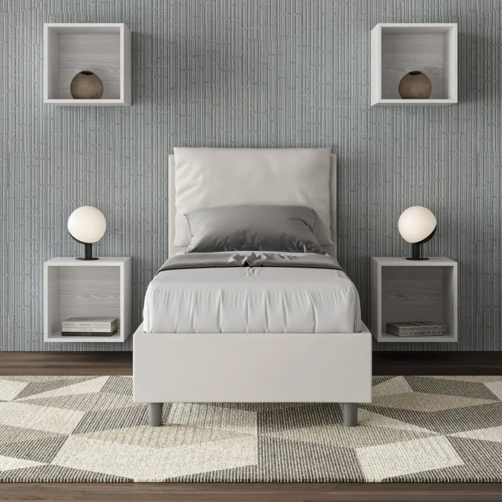 Letto 80x190cm singolo contenitore con giroletto imbottito in similpelle bianco LIT26