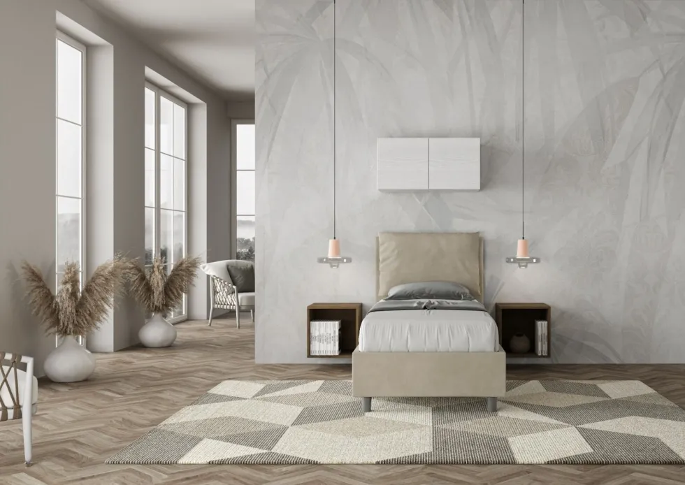 Letto 80x190cm singolo contenitore con giroletto imbottito in microfibra sabbia beige LIT28