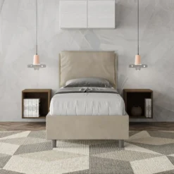 Letto 80x190cm singolo contenitore con giroletto imbottito in microfibra sabbia beige LIT28
