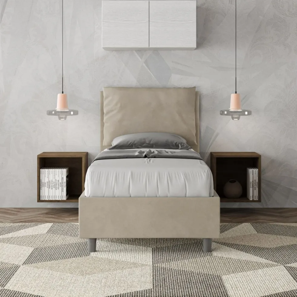 Letto 80x190cm singolo contenitore con giroletto imbottito in microfibra sabbia beige LIT28