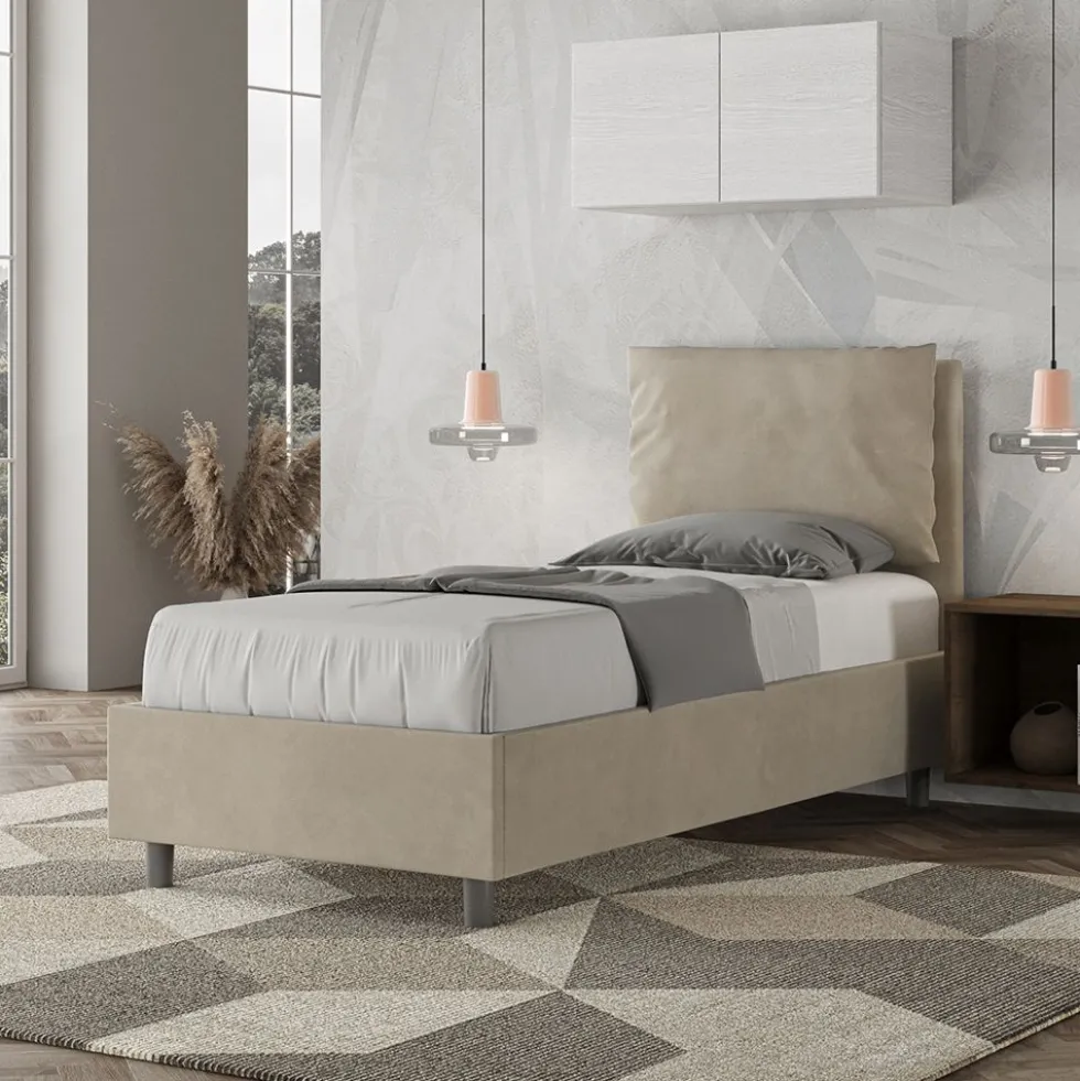 Letto 80x190cm singolo contenitore con giroletto imbottito in microfibra sabbia beige LIT28