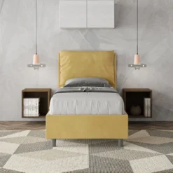 Letto 80x190cm singolo contenitore con giroletto imbottito in microfibra ocra LIT28