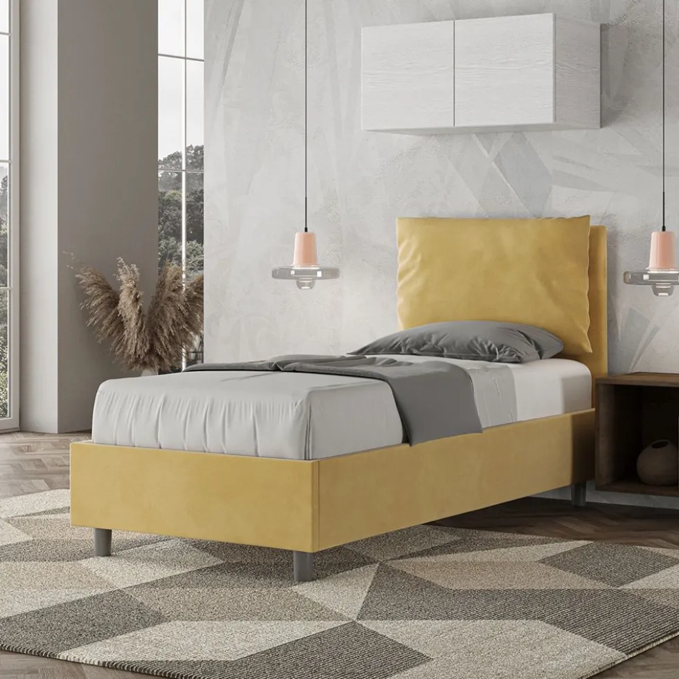 Letto 80x190cm singolo contenitore con giroletto imbottito in microfibra ocra LIT28