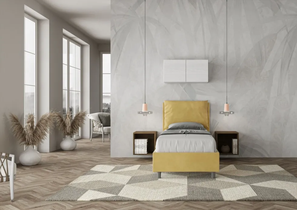 Letto 80x190cm singolo contenitore con giroletto imbottito in microfibra ocra LIT28