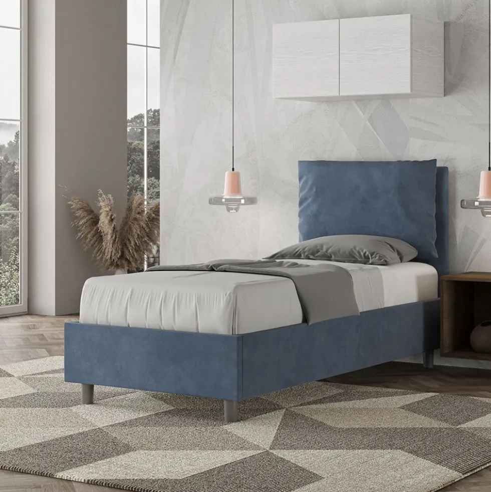 Letto 80x190cm singolo contenitore con giroletto imbottito in microfibra blu LIT28