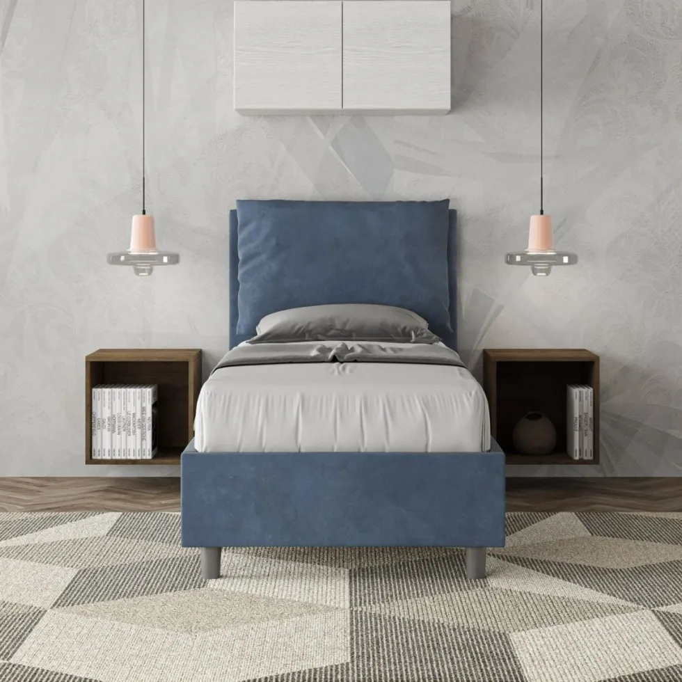 Letto 80x190cm singolo contenitore con giroletto imbottito in microfibra blu LIT28