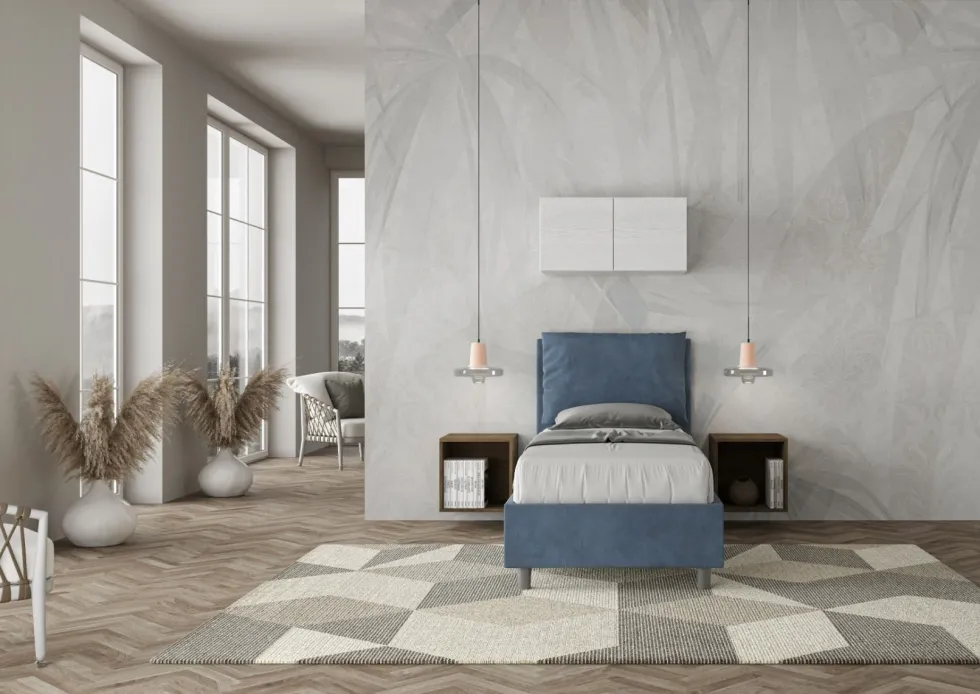 Letto 80x190cm singolo contenitore con giroletto imbottito in microfibra blu LIT28