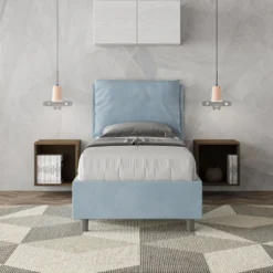 Letto 80x190cm singolo contenitore con giroletto imbottito in microfibra azzurro LIT28