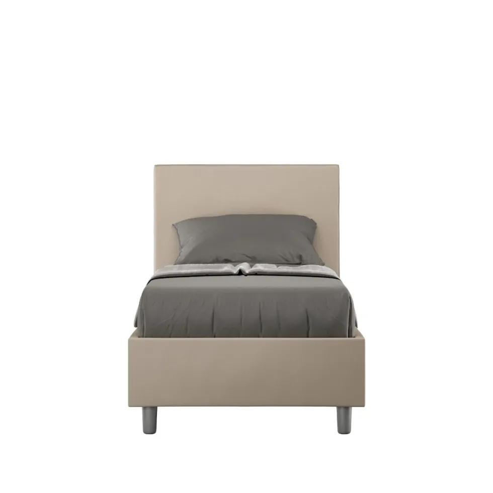 Letto 80x190cm singolo contenitore con testiera liscia in similpelle tortora LIT14