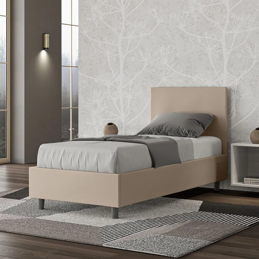 Letto 80x190cm singolo contenitore con testiera liscia in similpelle tortora LIT14