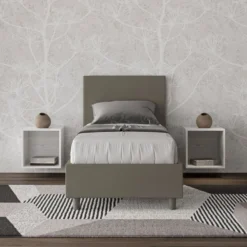 Letto 80x190cm singolo contenitore con testiera liscia in similpelle cappuccino LIT14