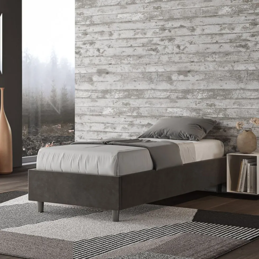Letto 80x190cm singolo contenitore sommier in microfibra grigio LIT4