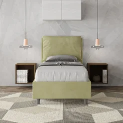 Letto 80x210cm singolo contenitore con giroletto imbottito in microfibra tè verde LIT36