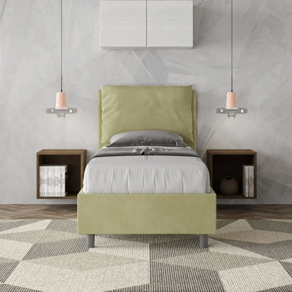 Letto 80x210cm singolo contenitore con giroletto imbottito in microfibra tè verde LIT36