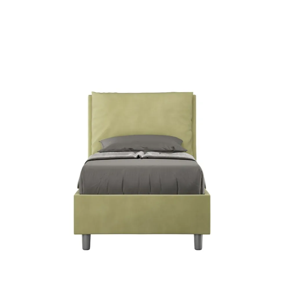 Letto 80x210cm singolo contenitore con giroletto imbottito in microfibra tè verde LIT36