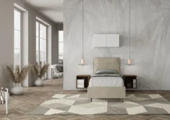 Letto 80x210cm singolo contenitore con giroletto imbottito in microfibra sabbia beige LIT36