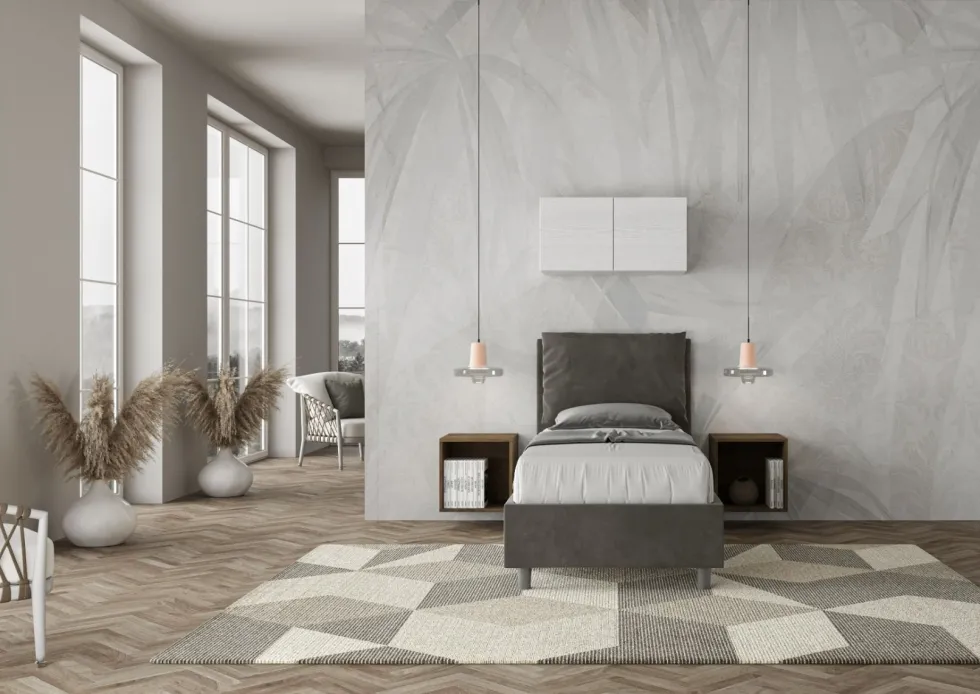 Letto 80x210cm singolo contenitore con giroletto imbottito in microfibra grigio LIT36
