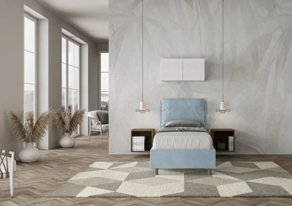 Letto 80x210cm singolo contenitore con giroletto imbottito in microfibra azzurro LIT36