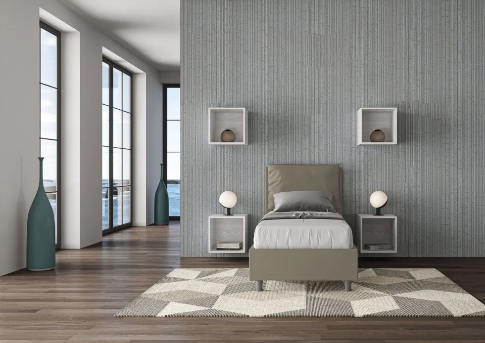 Letto 80x210cm singolo contenitore con giroletto imbottito in similpelle cappuccino LIT34