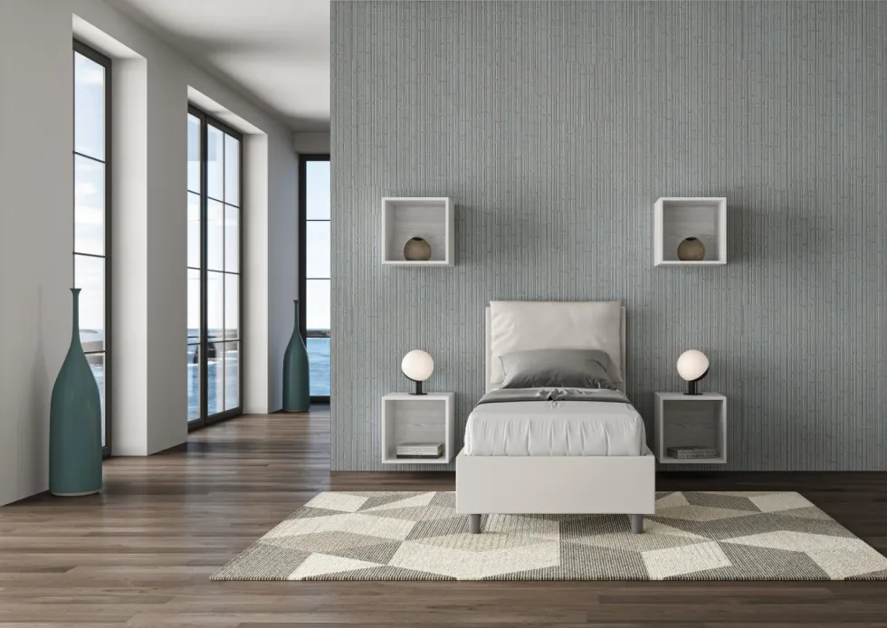 Letto 80x210cm singolo contenitore con giroletto imbottito in similpelle bianco LIT34