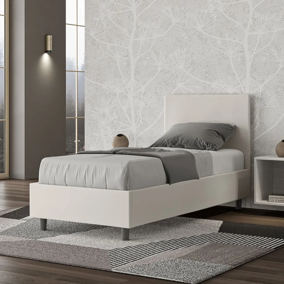Letto 80x200cm singolo con testiera liscia in similpelle bianco LIT17