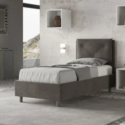 Letto 90x210cm singolo con tre bottoni in microfibra grigio LIT115