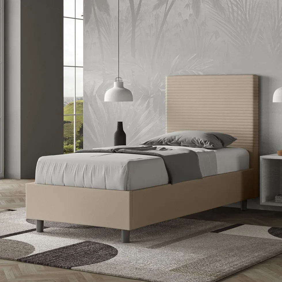 Letto 90x210cm singolo imbottito in similpelle tortora LIT121