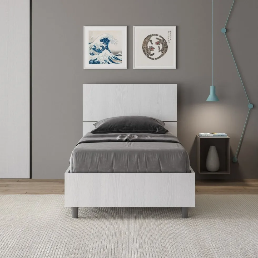 Letto 80x190cm singolo testiera inclinata effetto legno bianco frassino LIT81
