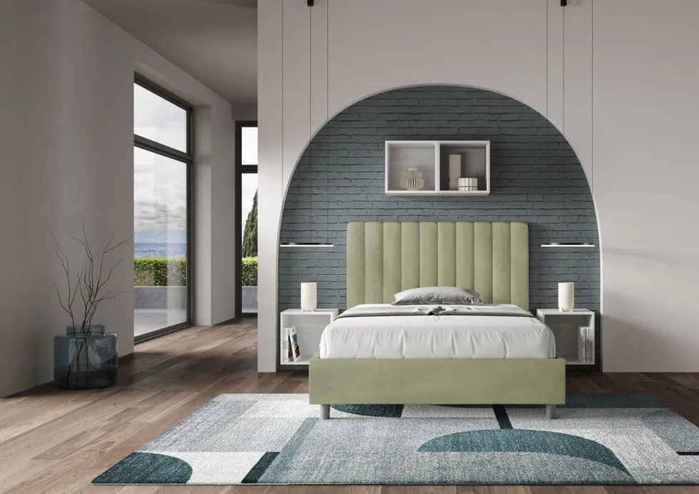 Letto 120x200cm una piazza e mezzo con testiera trapuntata in microfibra tè verde LIT231