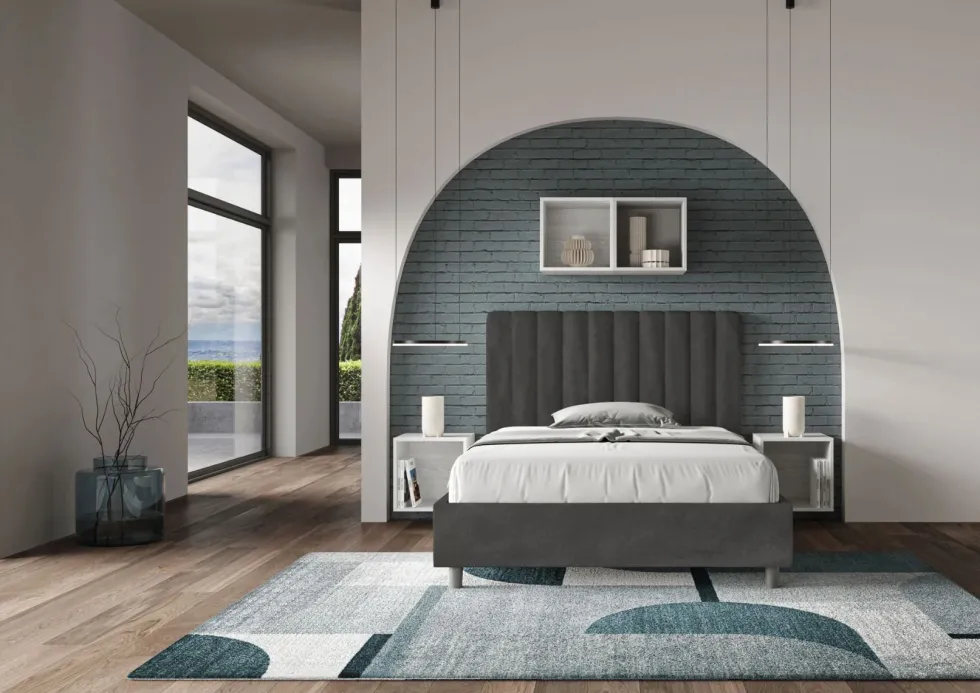 Letto 120x200cm una piazza e mezzo con testiera trapuntata in microfibra grigio LIT231