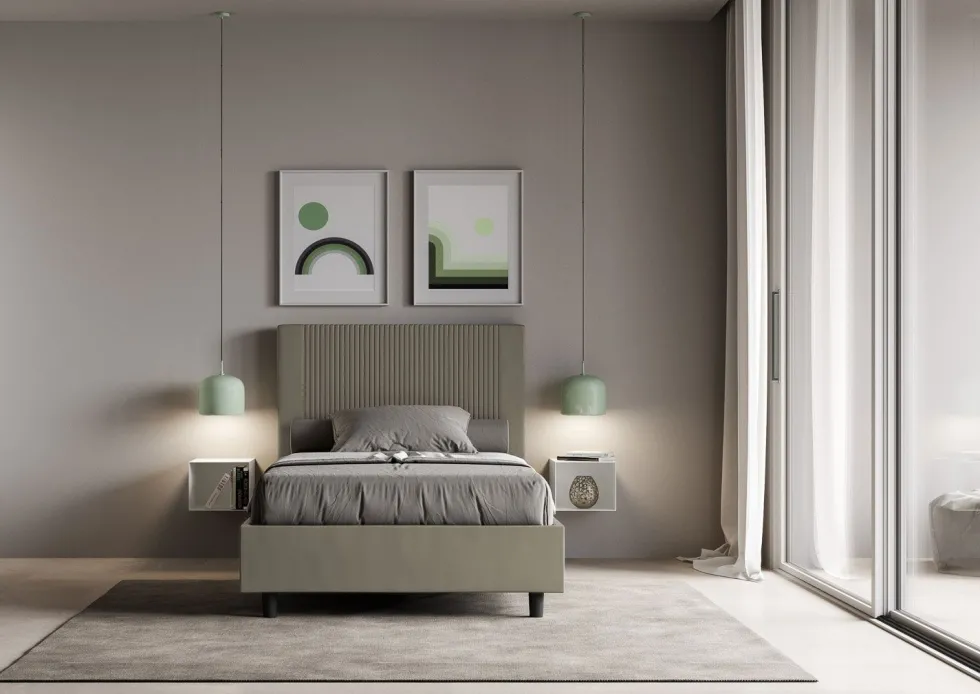 Letto 120x190cm una piazza e mezzo con testiera a linee verticali cappuccino LIT219