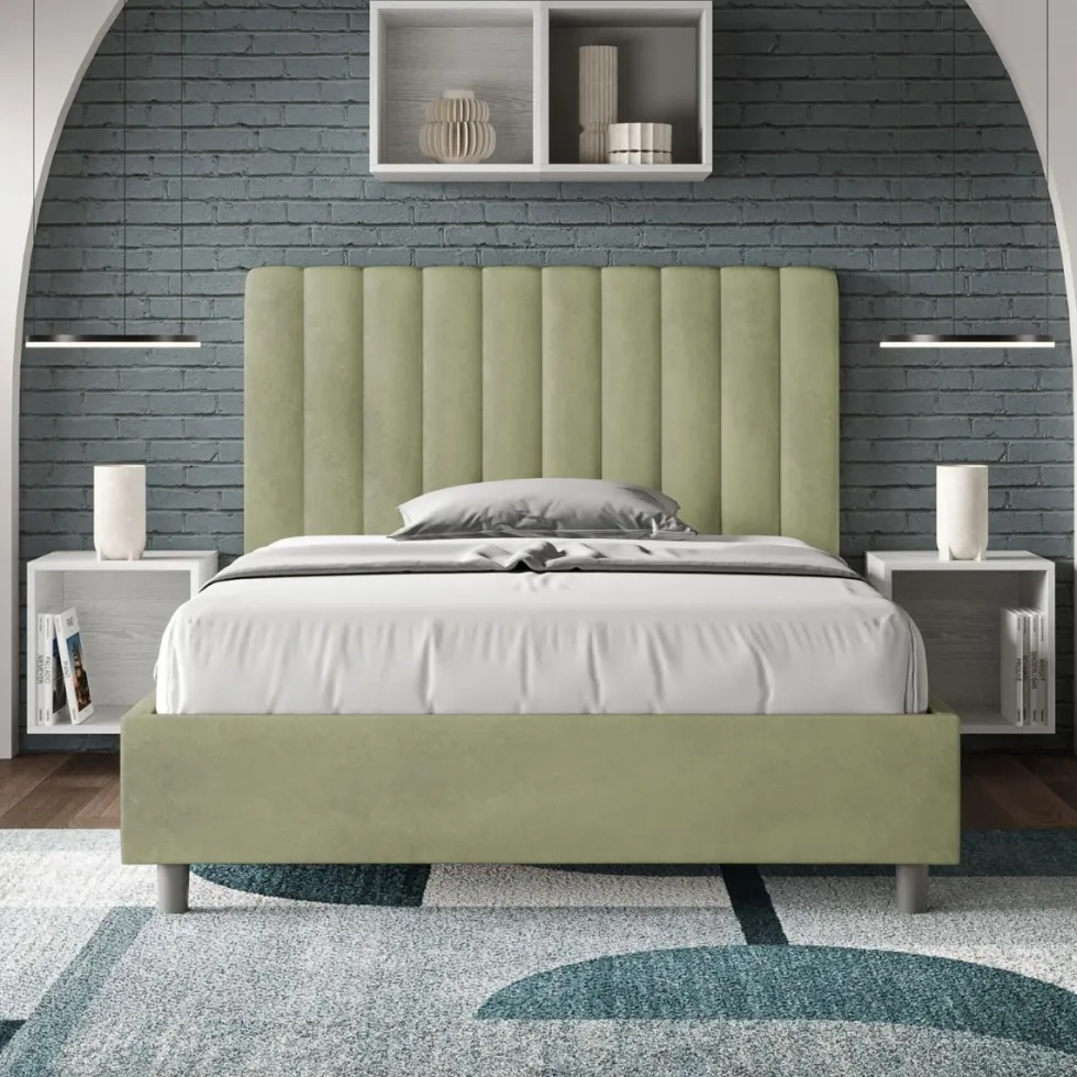 Letto 120x210cm una piazza e mezzo con testiera trapuntata in microfibra tè verde LIT235