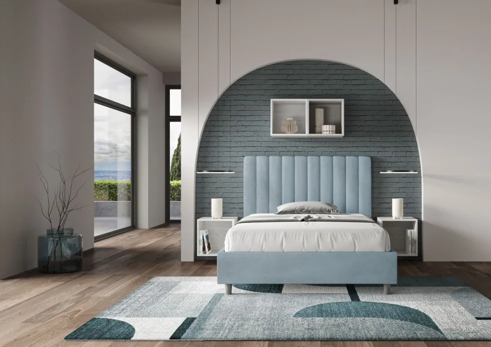 Letto 120x210cm una piazza e mezzo con testiera trapuntata in microfibra azzurro LIT235
