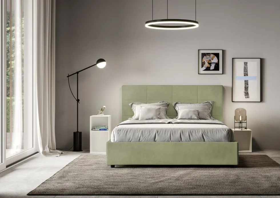 Letto 160x190 matrimoniale con giroletto imbottito in microfibra tè verde LIT447