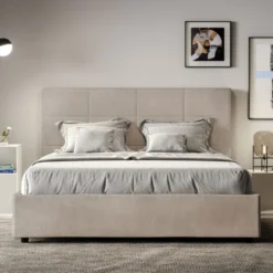 Letto 160x190 matrimoniale con giroletto imbottito in microfibra sabbia beige LIT447