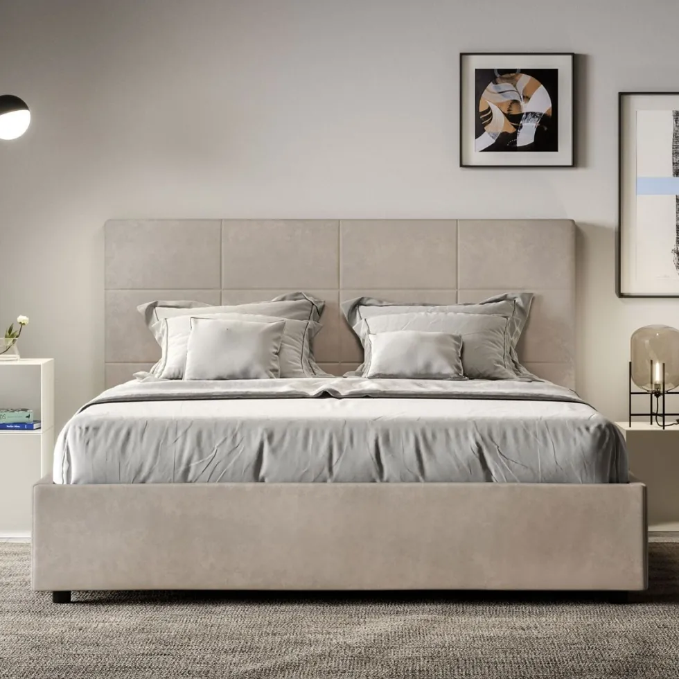 Letto 160x190 matrimoniale con giroletto imbottito in microfibra sabbia beige LIT447