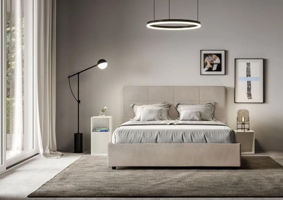 Letto 160x190 matrimoniale con giroletto imbottito in microfibra sabbia beige LIT447