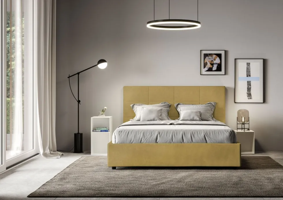 Letto 160x190 matrimoniale con giroletto imbottito in microfibra ocra LIT447
