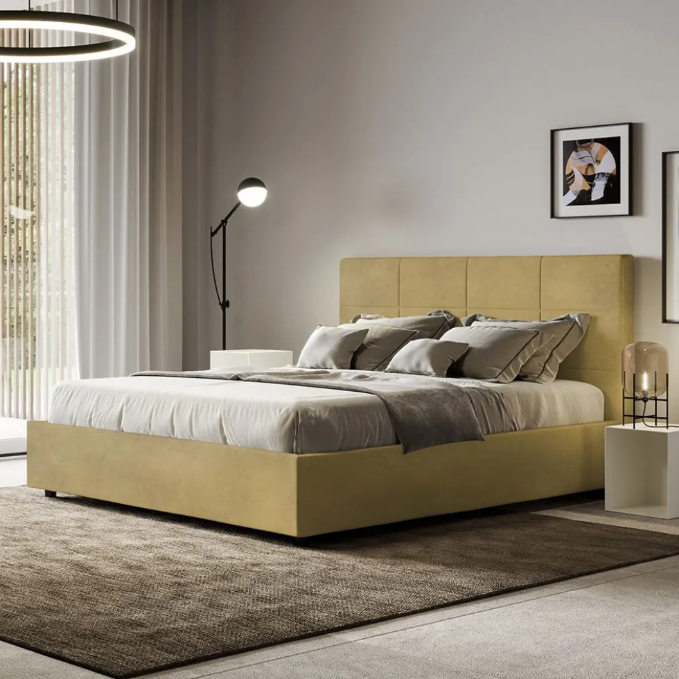 Letto 160x190 matrimoniale con giroletto imbottito in microfibra ocra LIT447