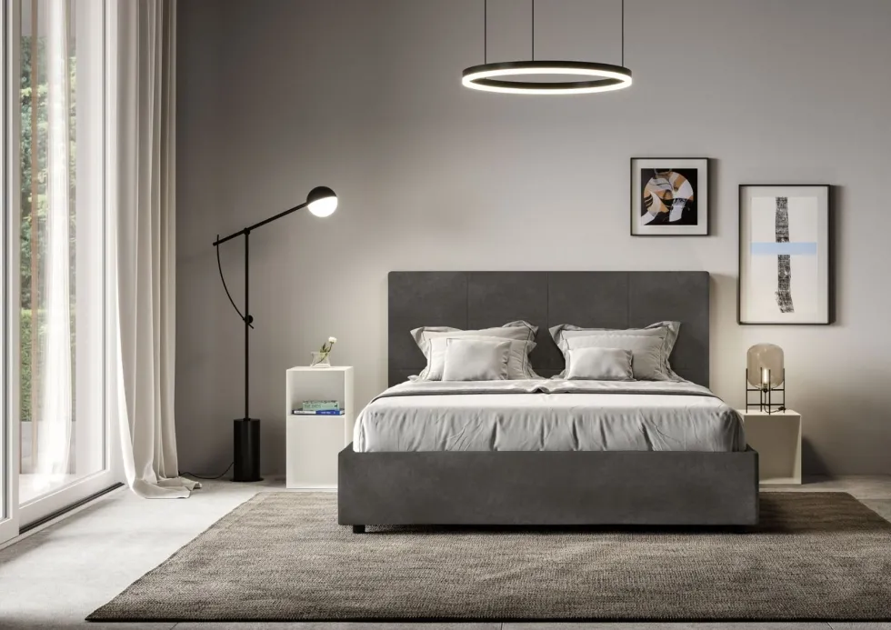 Letto 160x190 matrimoniale con giroletto imbottito in microfibra grigio LIT447
