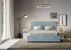 Letto 160x190 matrimoniale con giroletto imbottito in microfibra azzurro LIT447