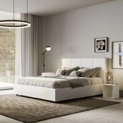 Letto 160x190 matrimoniale con giroletto imbottito in similpelle bianco LIT445
