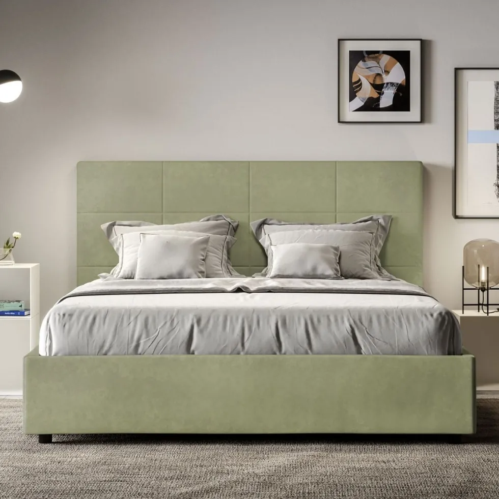Letto 160x190 matrimoniale contenitore con giroletto imbottito in microfibra tè verde LIT448