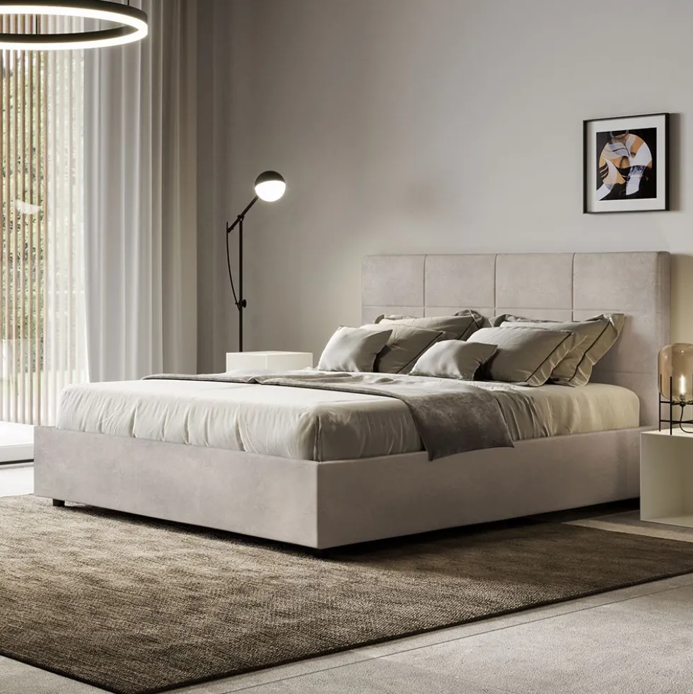 Letto 160x190 matrimoniale contenitore con giroletto imbottito in microfibra sabbia beige LIT448